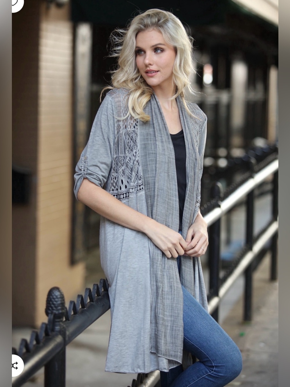 Simply Couture Women's Solid Tab Sleeve Long Light Knit Lace Hallowed Back Cardi